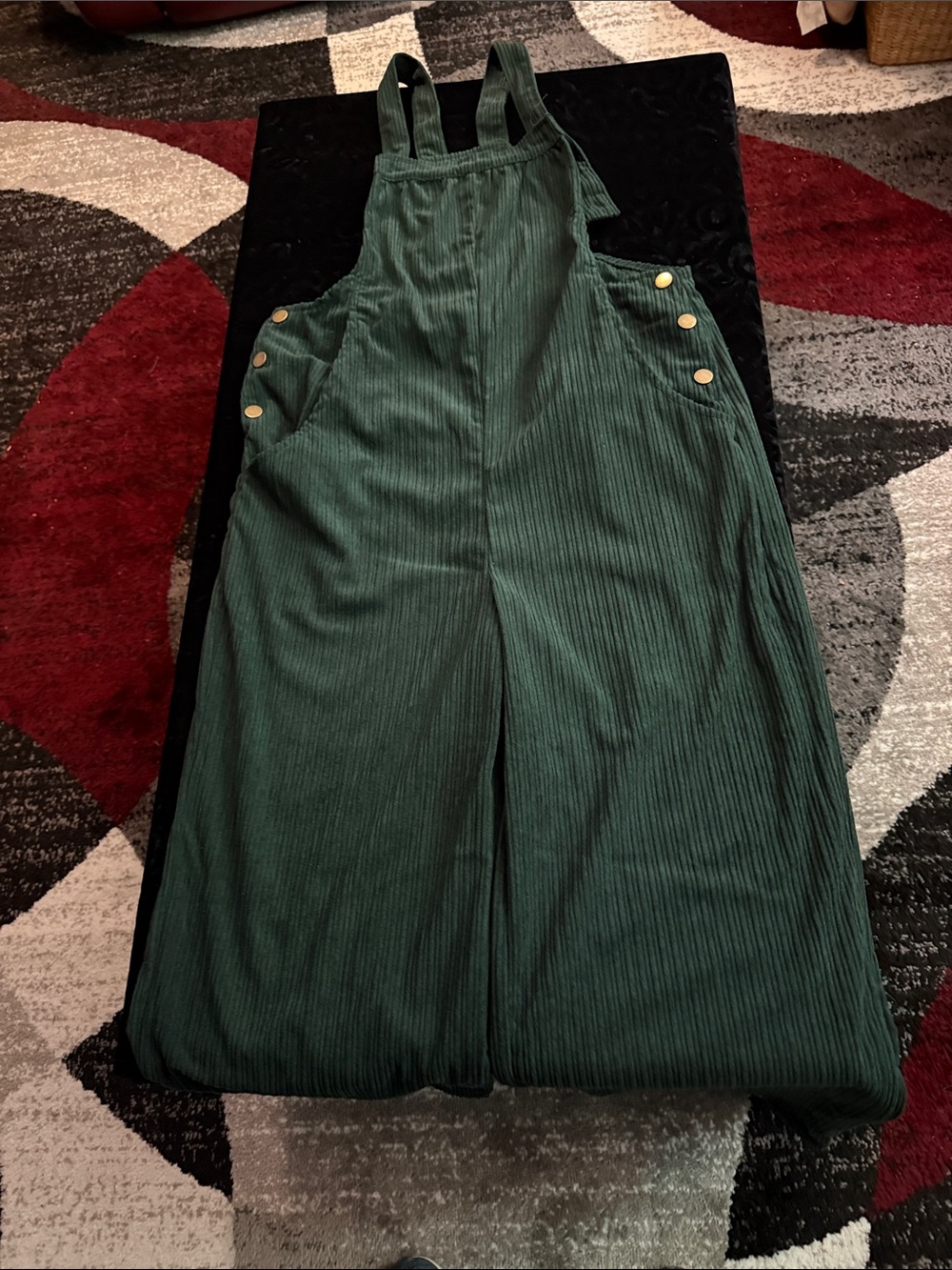 Forest Green Corduroy Wide-Leg Overall Jumpsuit with Gold Buttons